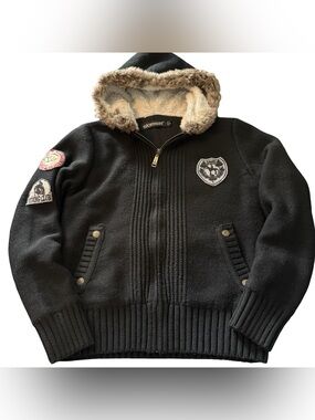 Black Y2K Slomsin Sherpa Fur Knot Zip Hoodie Crop Medium